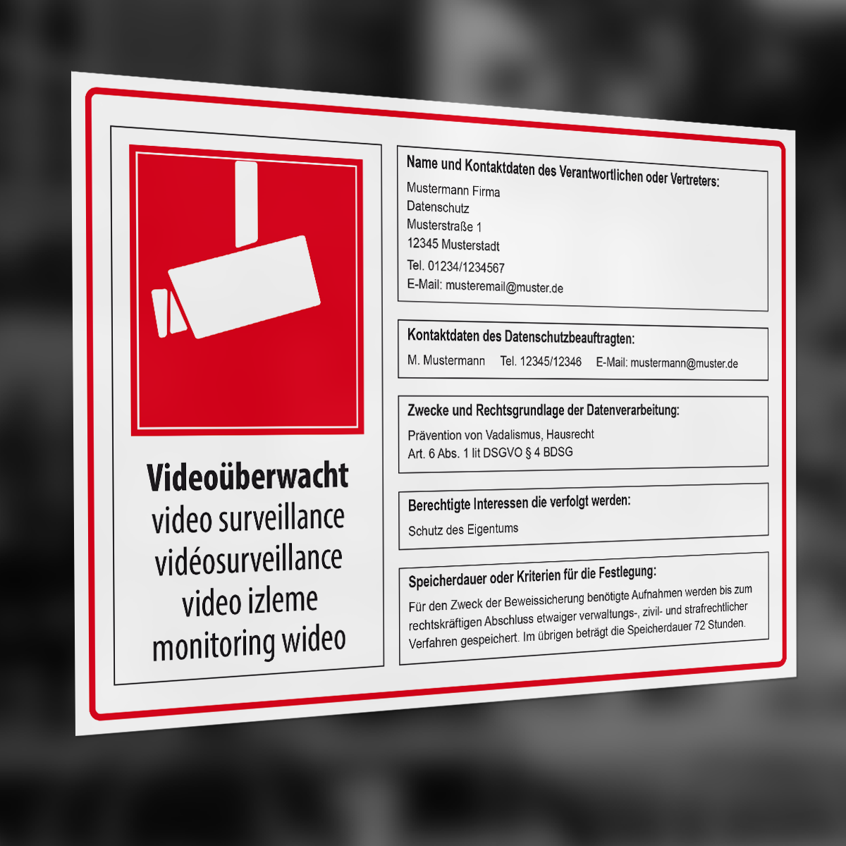 Schild Videoüberwachung nach DSGVO individuell